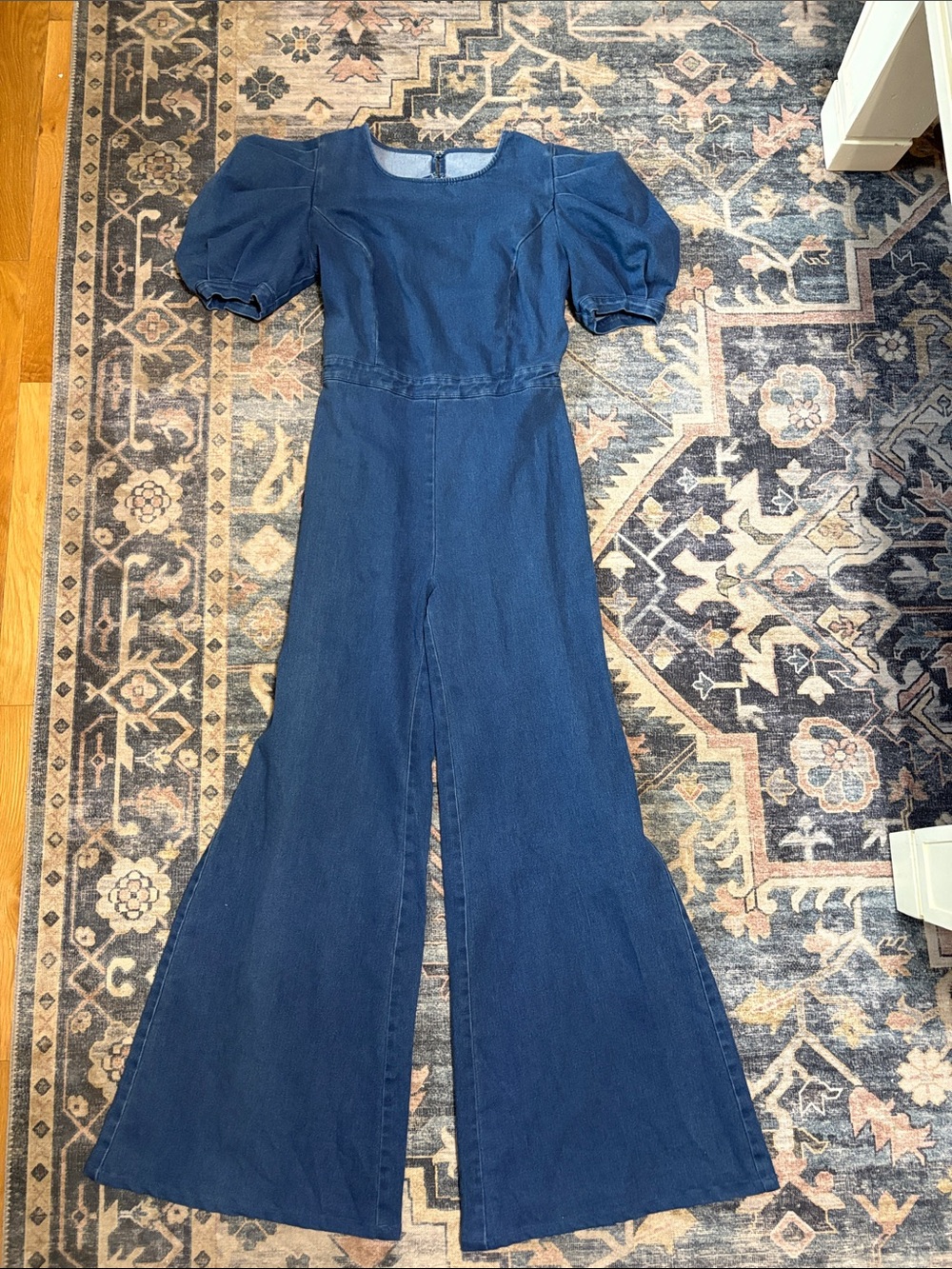 Women's Denim Puff-Sleeve Wide-Leg Jumpsuit